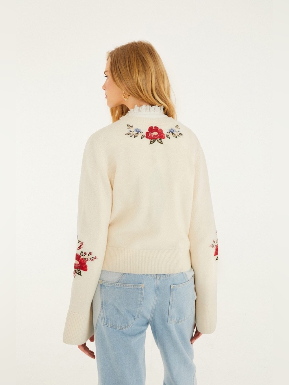FARM Rio Cream Embroidered Flowers Buttoned Knit Cardigan! - Picture 5 of 9